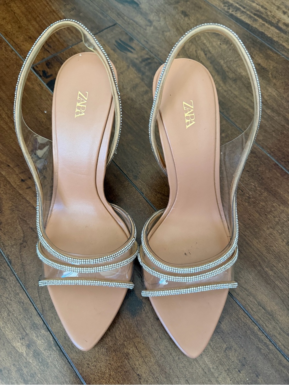 Zara Blush Clear Slingback Heels with Rhinestone Straps